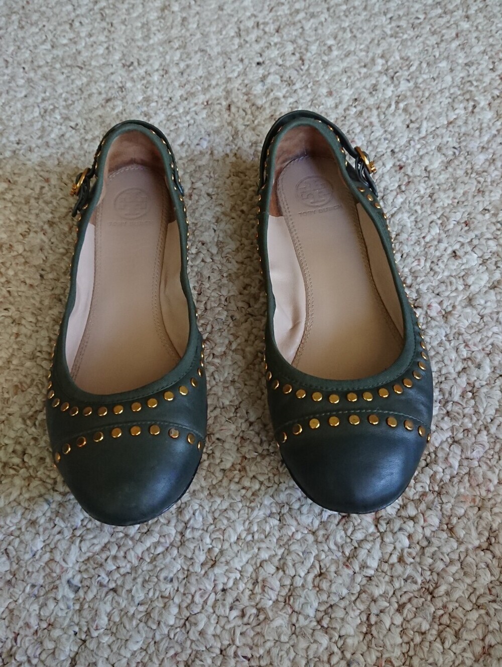 Tory Burch Holden gold tone Studded hunter green Ballet Flats size 7 - Picture 2 of 14